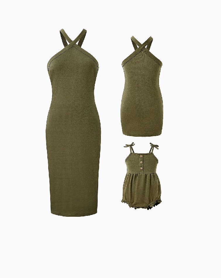 Mommy and Me Army Green Cross Halter Body-con Sleeveless Dress  ANT