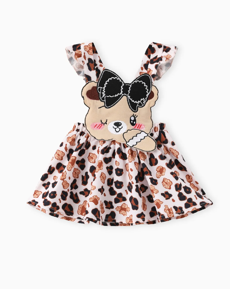 Baby Girl 2pcs Romper and Bear Embroidered Overall Dress Set