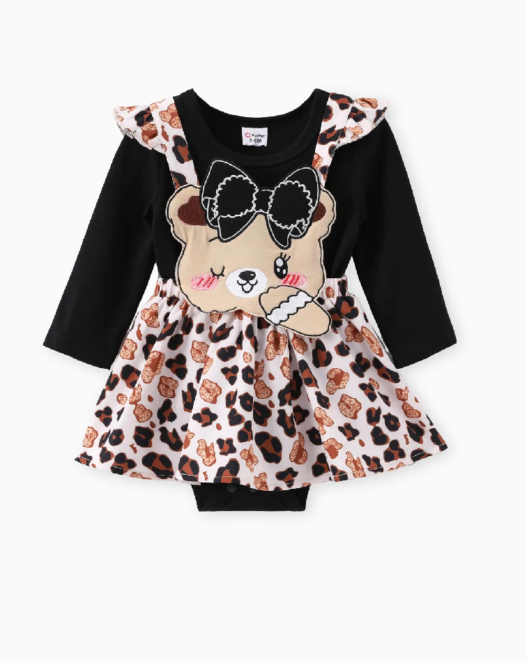 Baby Girl 2pcs Romper and Bear Embroidered Overall Dress Set