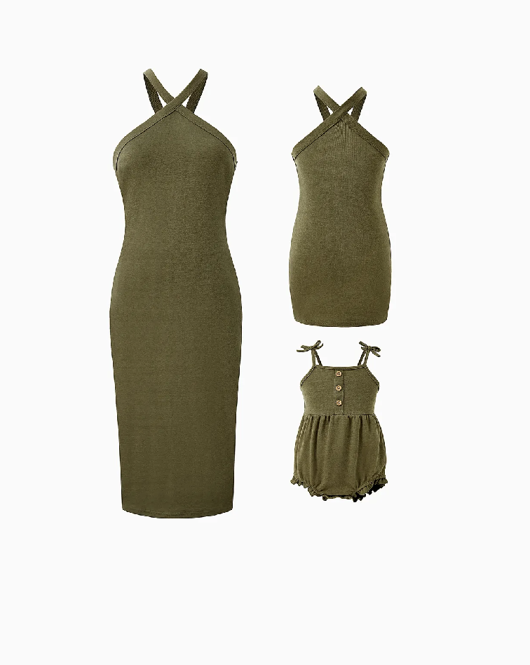 Mommy and Me Army Green Cross Halter Body-con Sleeveless Dress