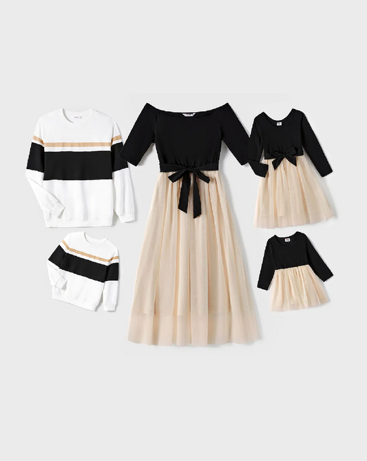 Family Matching Black-Almond Mesh Skirt and Classic Round Neck